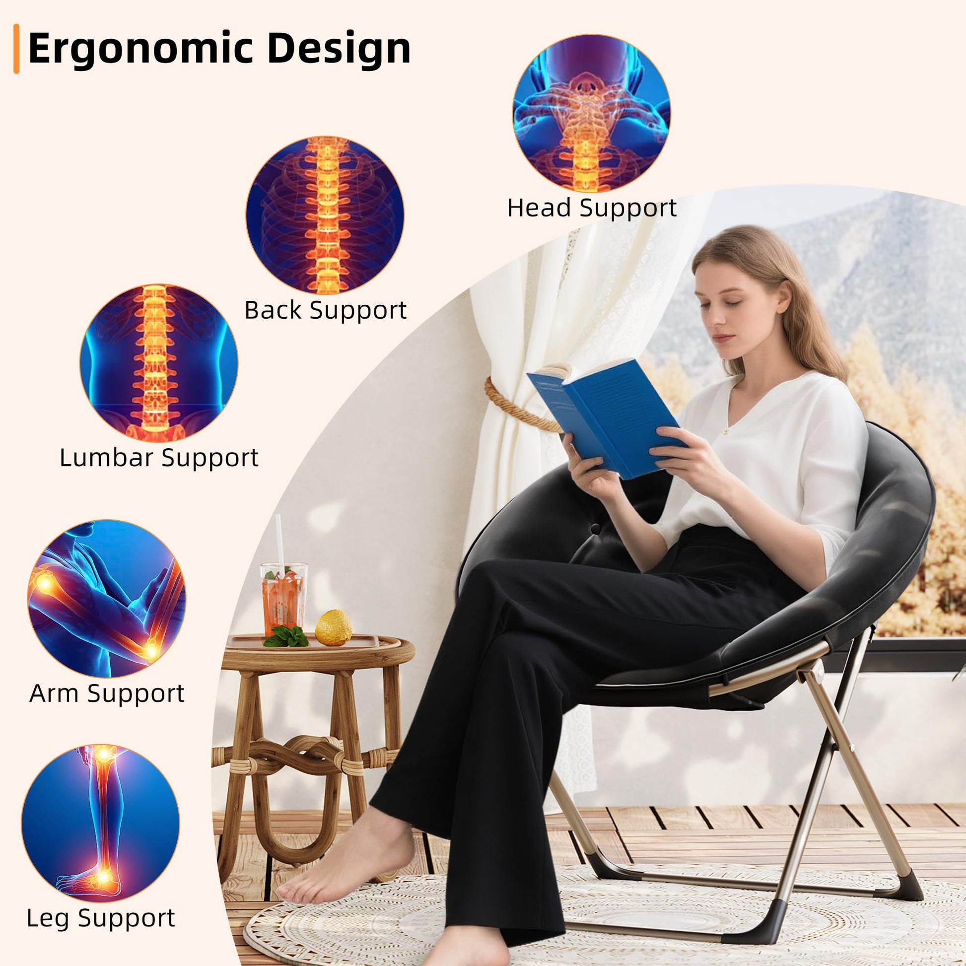 Fauteuil pliant rembourré Garvee, structure en métal, ultra-doux, pliable et robuste, idéal pour la chambre et le jardin.