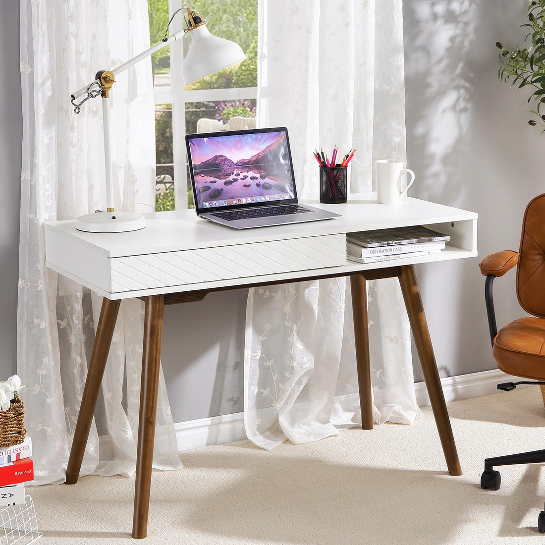 Garvee bureau moderne blanc avec tiroirs pour bureau et chambre à coucher, 108 × 50 × 75 cm, bois