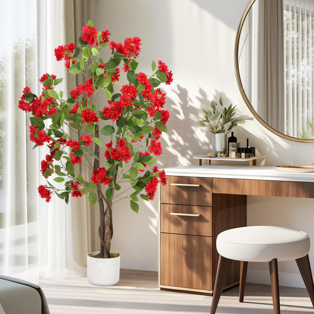 Osmanthus artificiel Garvee de 120 cm avec 48 fleurs rouges, tronc en bois naturel, feuilles en polyester, pot robuste pour la décoration intérieure et extérieure