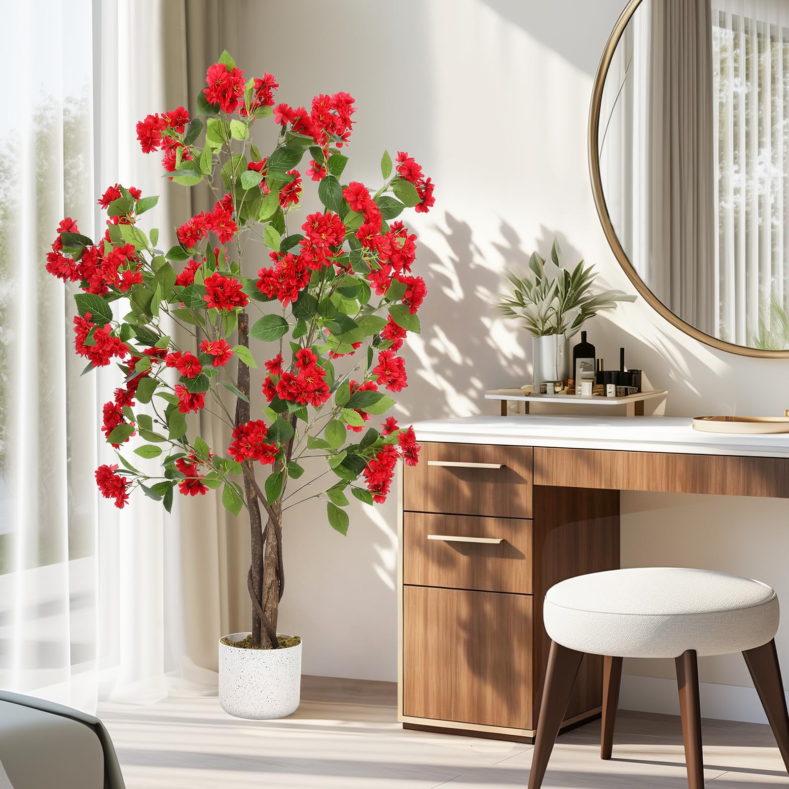 Osmanthus artificiel Garvee de 120 cm avec 48 fleurs rouges, tronc en bois naturel, feuilles en polyester, pot robuste pour la décoration intérieure et extérieure