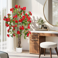 Osmanthus artificiel Garvee de 120 cm avec 48 fleurs rouges, tronc en bois naturel, feuilles en polyester, pot robuste pour la décoration intérieure et extérieure