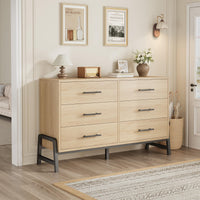 Commode Garvee, 6 tiroirs, 132 cm de large, grand espace de rangement, meuble en bois autoportant, chêne naturel, chambre, salon