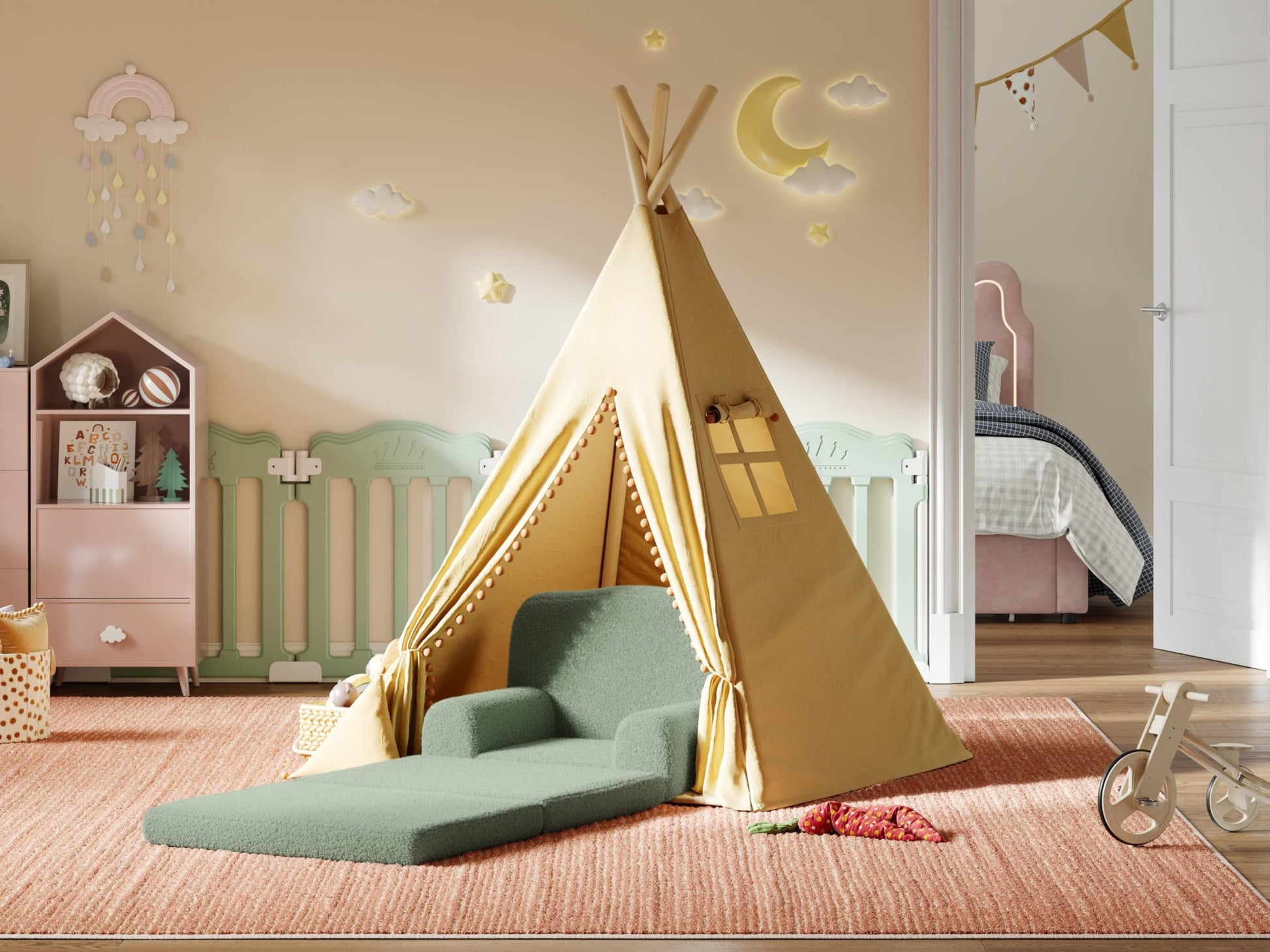 Fauteuil-canapé enfant Garvee en sherpa réversible avec housse lavable, motif couronne, idéal pour la salle de jeux et la chambre d'enfant. Léger, confortable et pliable.