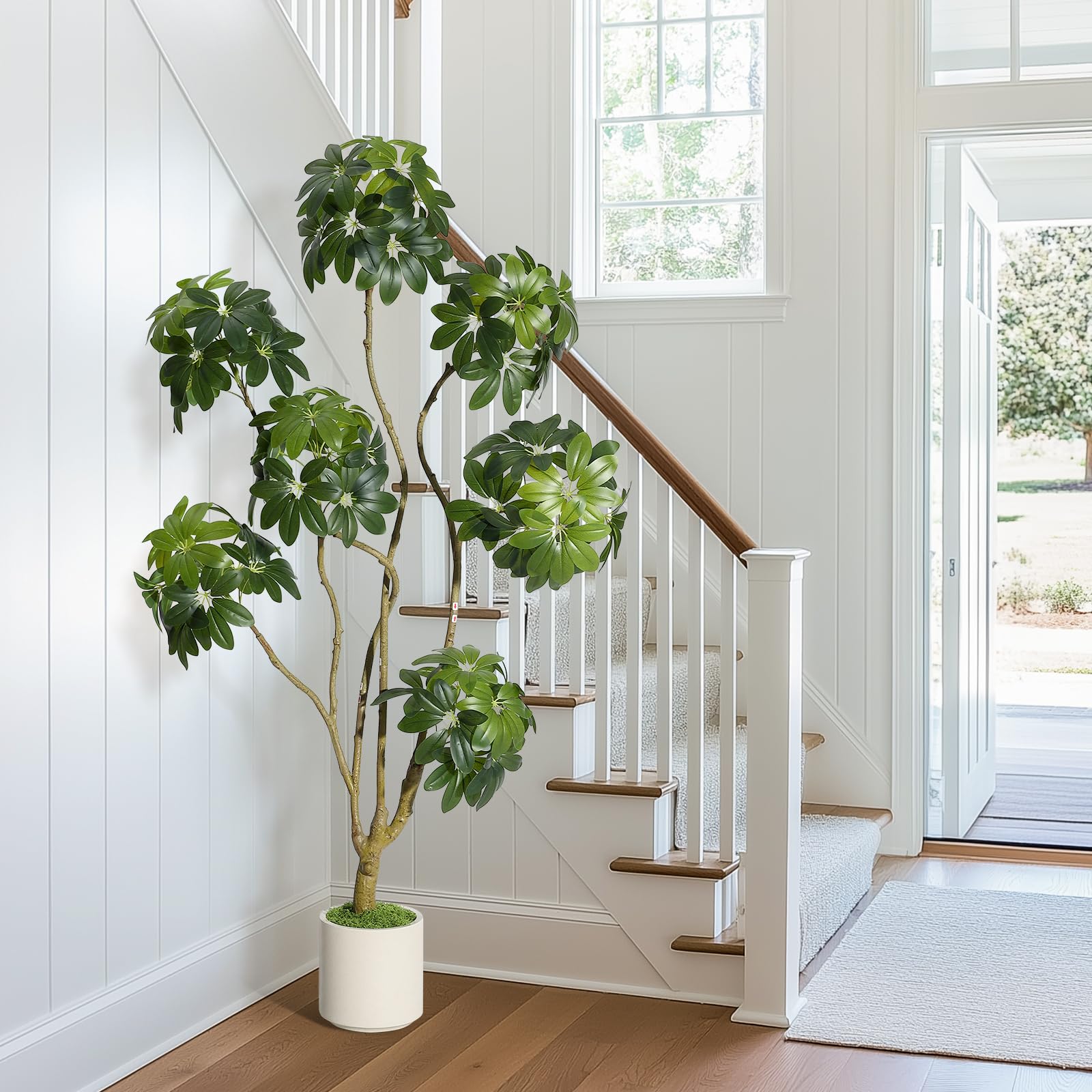 Arbre artificiel Schefflera parasol Garvee de 1,5 m avec 5 troncs, pot de fleurs blanc en PE pour la maison et le bureau