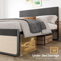 Cadre de lit Garvee Queen Size avec tête de lit, 2 tiroirs, sommier à lattes métalliques, silencieux, tissu en lin gris, chambre à coucher