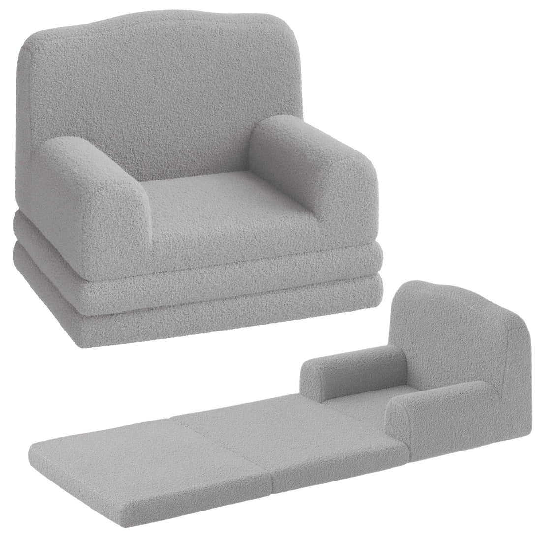 Canapé enfant convertible 2 en 1 Garvee, très confortable, en mousse, avec revêtement en sherpa doux et antidérapant, de couleur grise, idéal pour la salle de jeux. Léger et sûr.