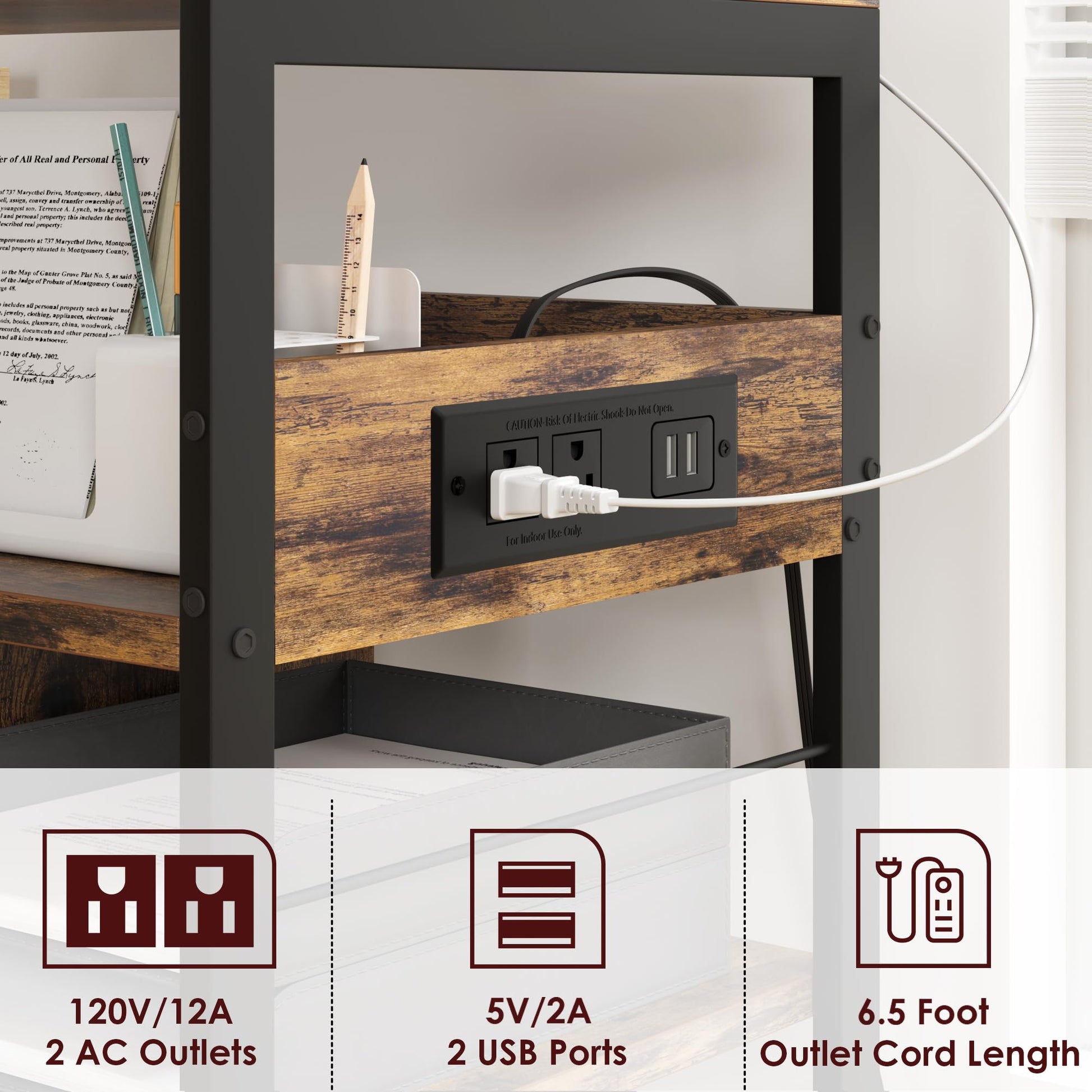 Garvee Grand meuble imprimante mobile à roulettes avec étagères, prises et ports USB, structure bois effet vintage, rangement pratique pour bureau à domicile