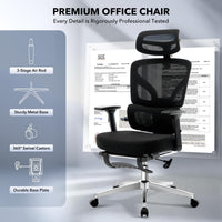 Chaise de bureau ergonomique Garvee en maille avec repose-pieds et soutien lombaire réglables, idéale pour le bureau et le gaming. Structure en métal, noire, réglable.