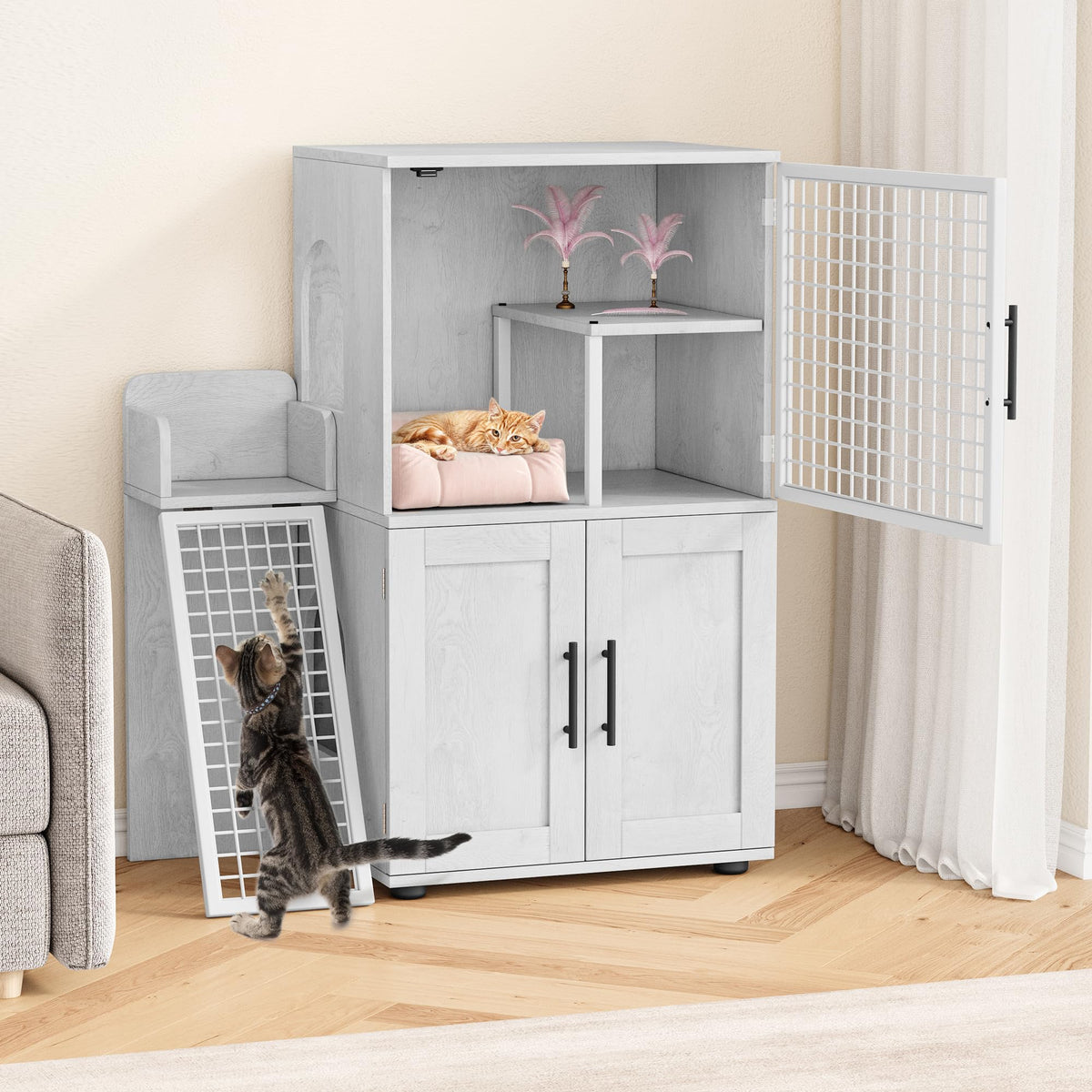 Bac à litière moderne Garvee avec plateforme, double couche, en MDF et fer, blanc, pour l'intérieur et le salon.