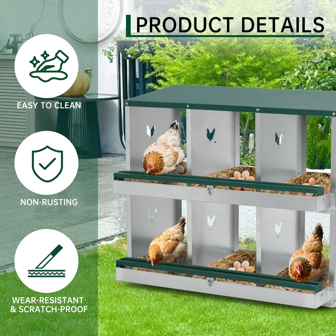 Garvee Pondoir pour Poules à 3 Compartiments, Acier Galvanisé, Grandes Ouvertures de Ventilation, Sécurisé, pour Poulailler, Vert