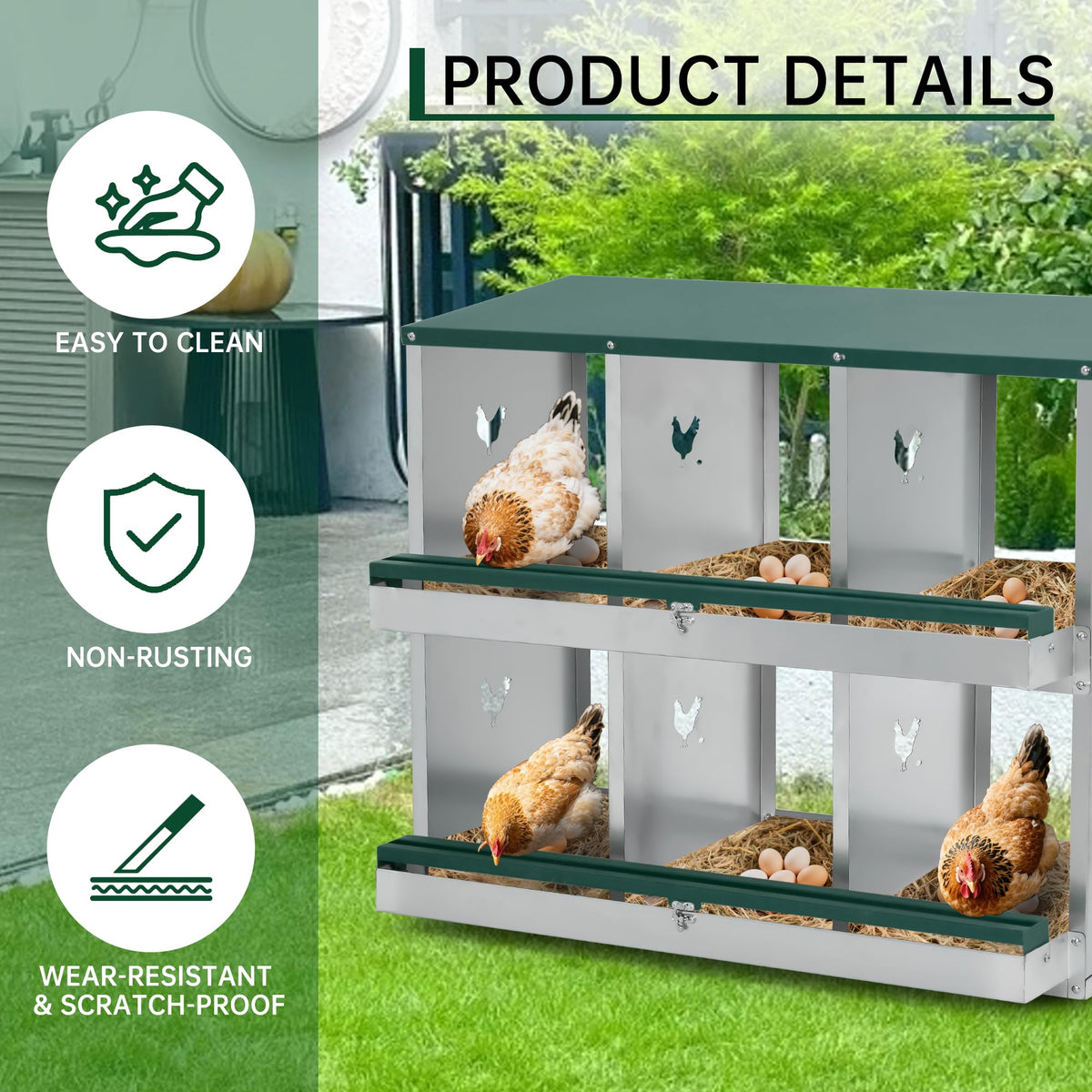 Garvee Pondoir pour Poules à 3 Compartiments, Acier Galvanisé, Grandes Ouvertures de Ventilation, Sécurisé, pour Poulailler, Vert