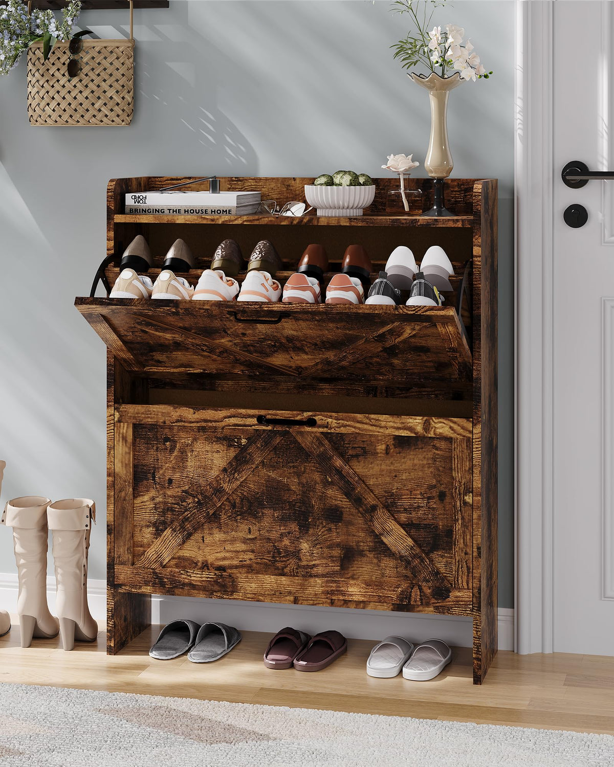Meuble à chaussures Garvee avec 2 tiroirs pliables, style rustique marron, idéal pour l'entrée et le couloir, gain de place.