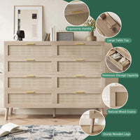 Commode Garvee en rotin à 8 tiroirs, spacieuse et robuste, pour chambre et entrée, coloris naturels