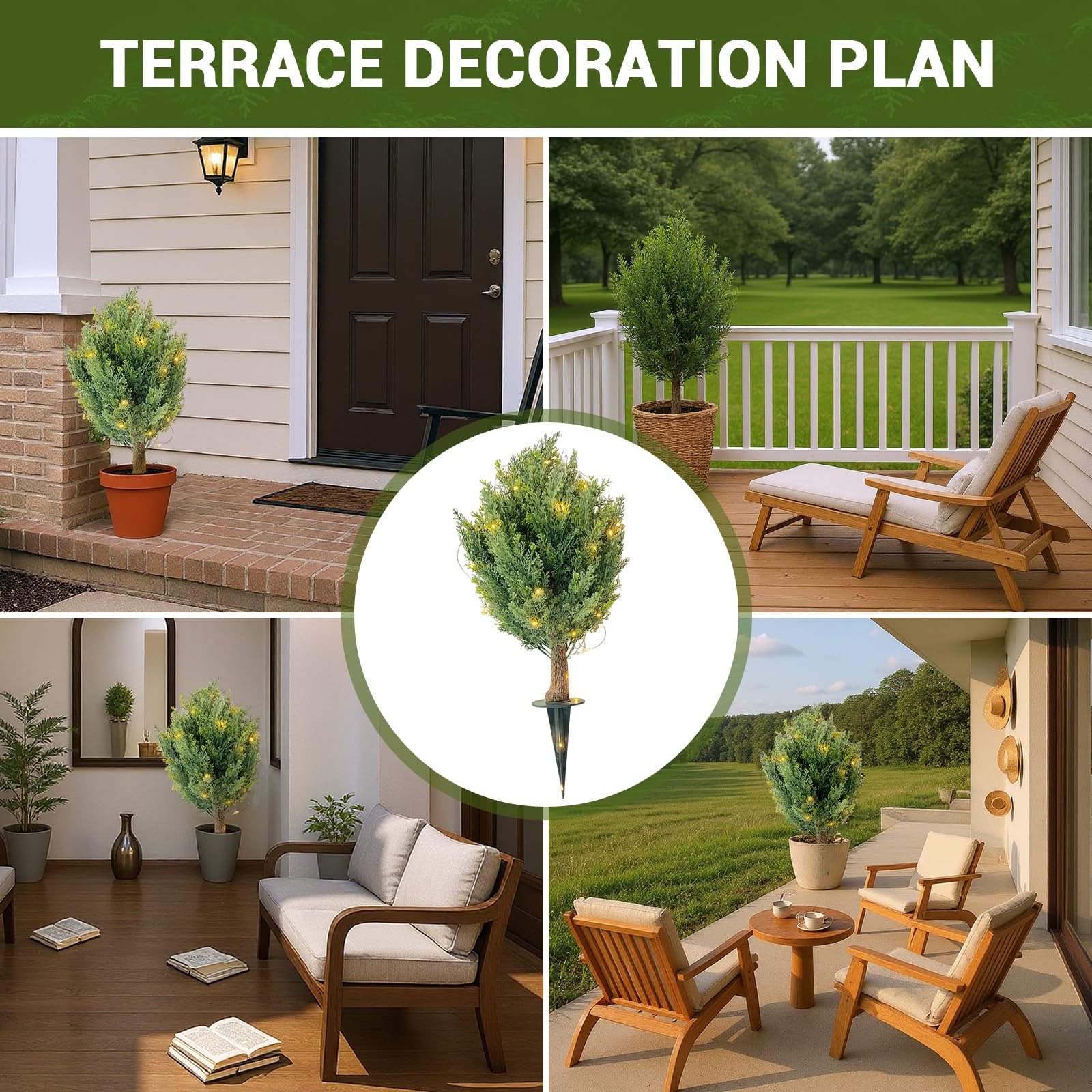Garvee Lot de 2 cyprès artificiels en boule de 76 cm avec piquet pour jardin et terrasse, verts, résistants aux intempéries et aux UV