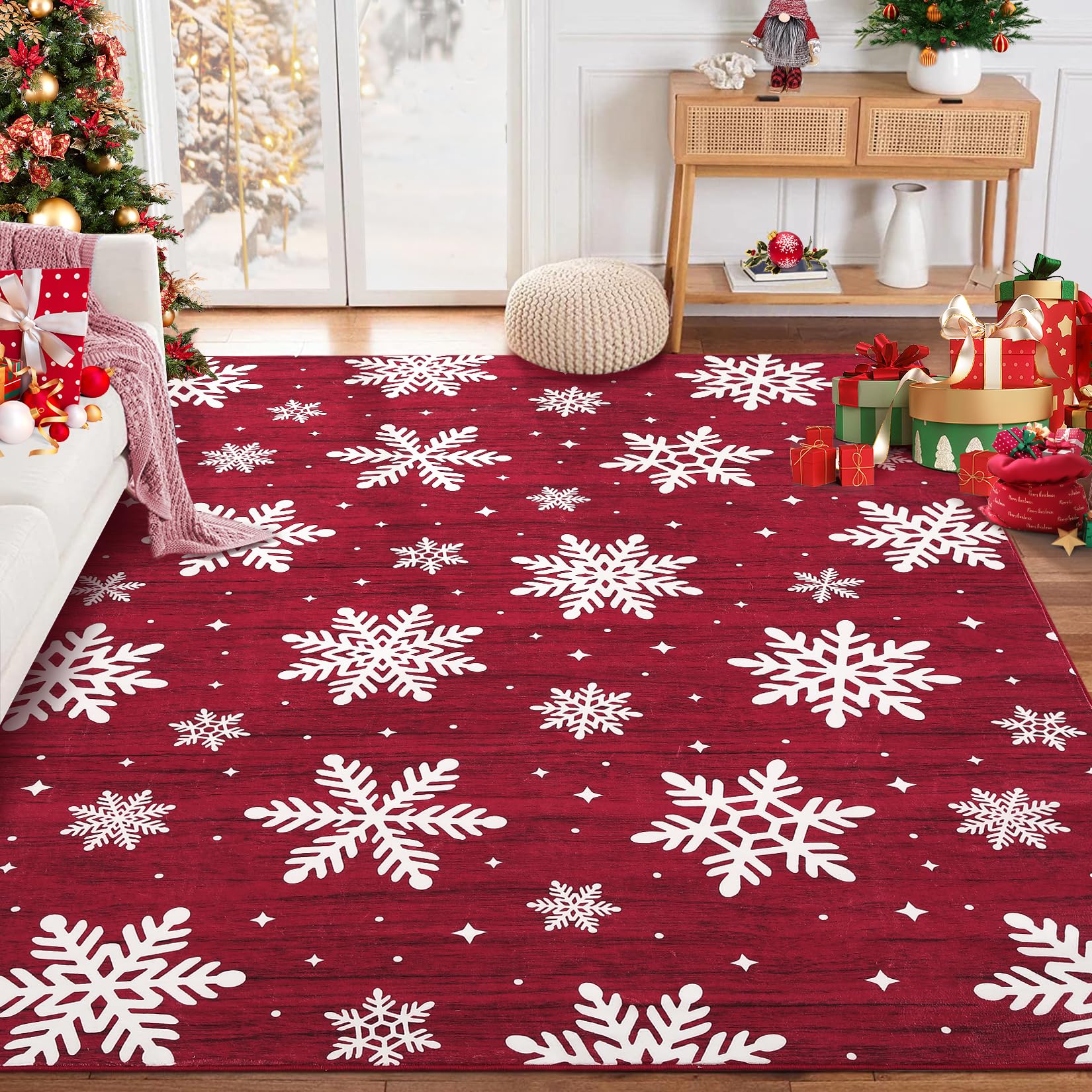 Tapis de Noël moderne Garvee grand format avec bordure de Noël et flocons de neige, pour salon, chambre ou salle à manger, 140 x 200 cm, multicolore