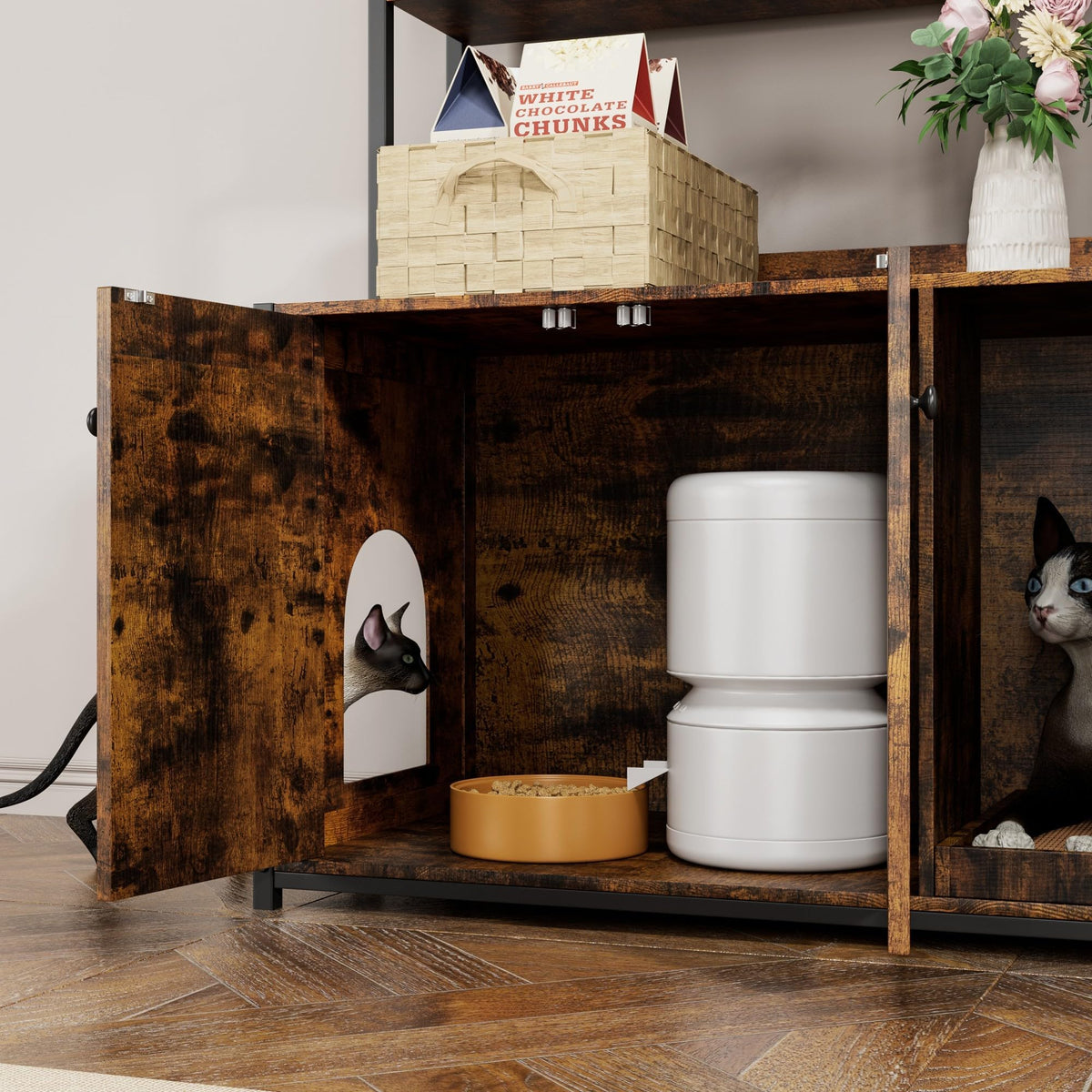 Garvee bac à litière pour chat avec 2 portes, griffoir, MDF, 2 étagères, cadre en acier pour le salon et la chambre, brun, 57 cm × 42 cm × 55 cm