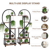 Ensemble Garvee de 2 supports à plantes en métal à 6 niveaux avec roulettes, design en demi-cœur, étagères en bois pour jardin et balcon, mobile, robuste, 173 cm (68 pouces), noir