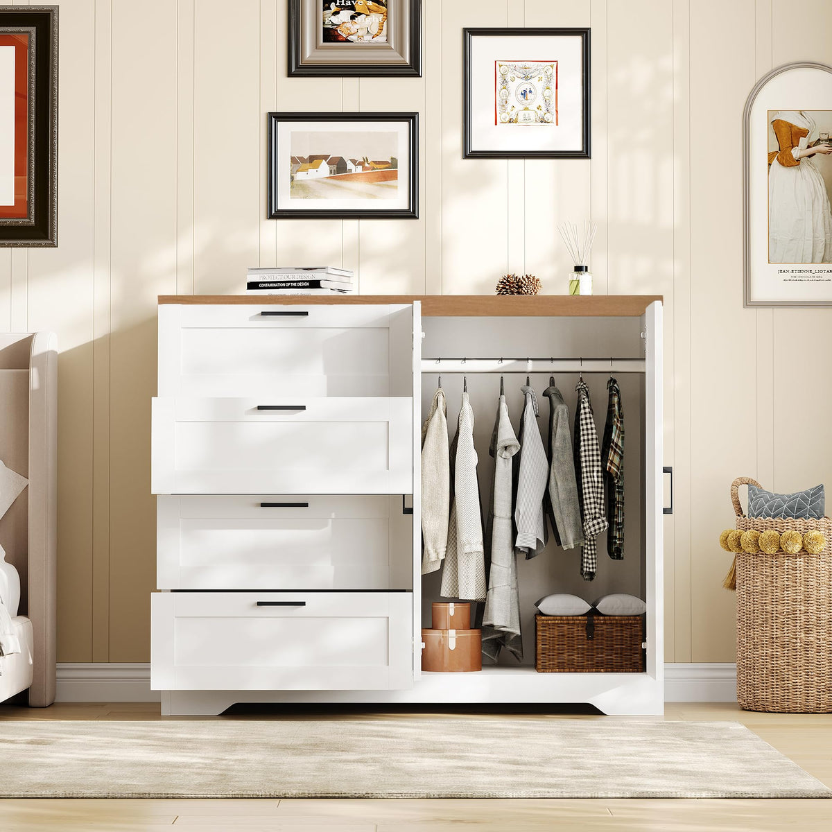 Garvee commode/armoire multifonctionnelle en bois avec 2 portes et 4 tiroirs pour chambre et dressing, imperméable, bois naturel