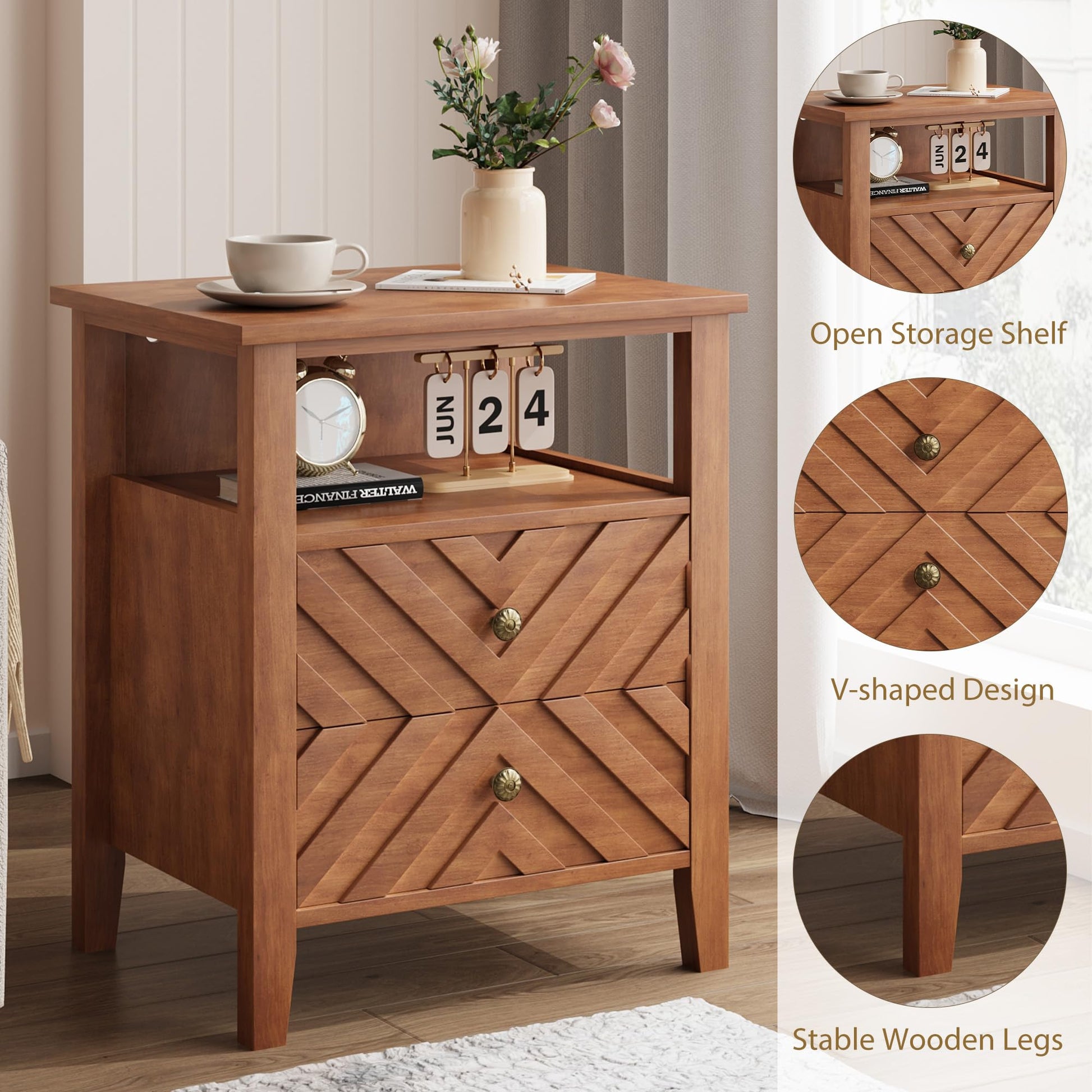 Table de chevet Garvee LED avec 2 tiroirs, éclairage RGB, design en V, bois, style rustique, marron, pour chambre et salon