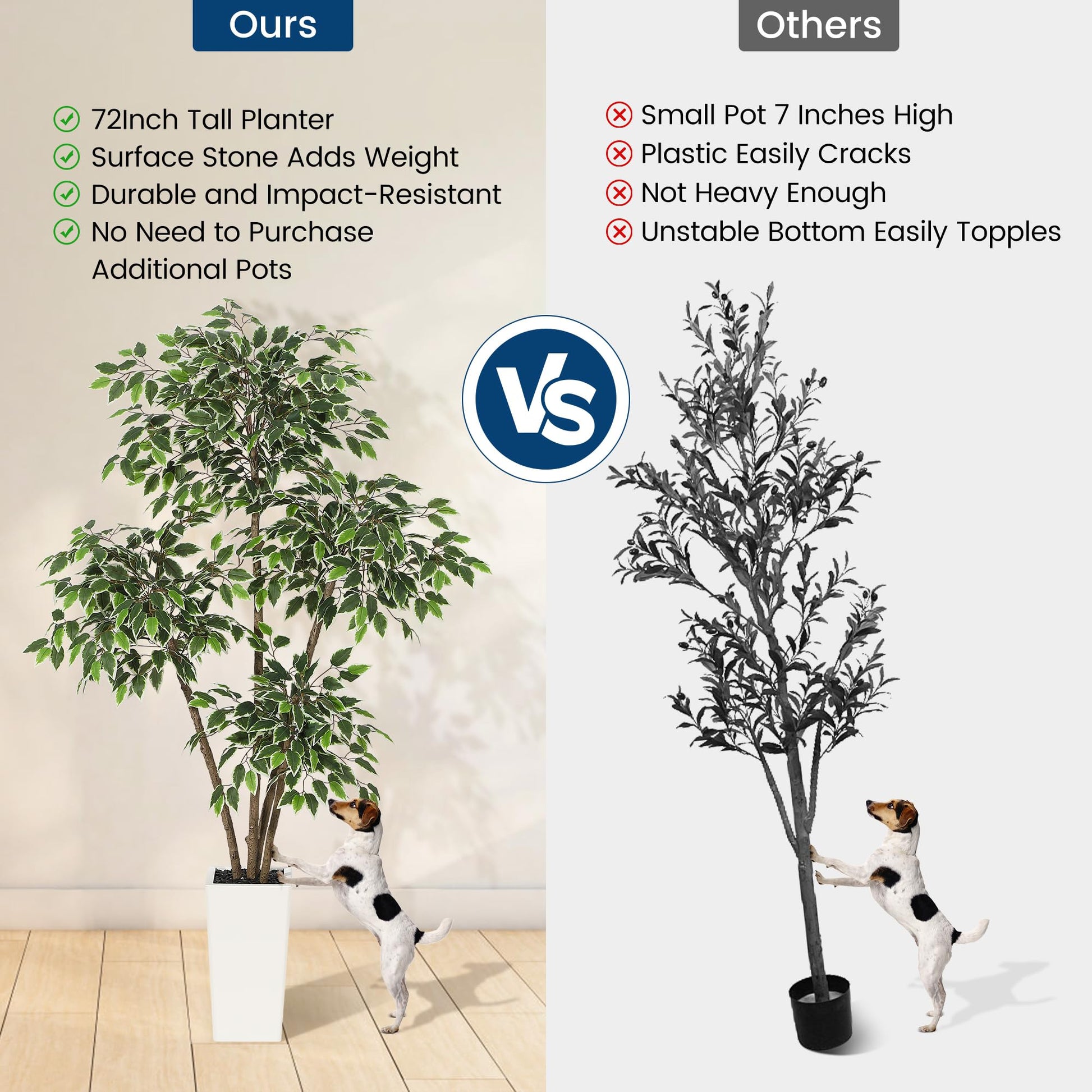 Ficus artificiel Garvee de 1,83 m (6 pi) avec 4 troncs, grand pot blanc pour salon et bureau, 180 cm x 105 cm (70,8 po x 41,3 po).