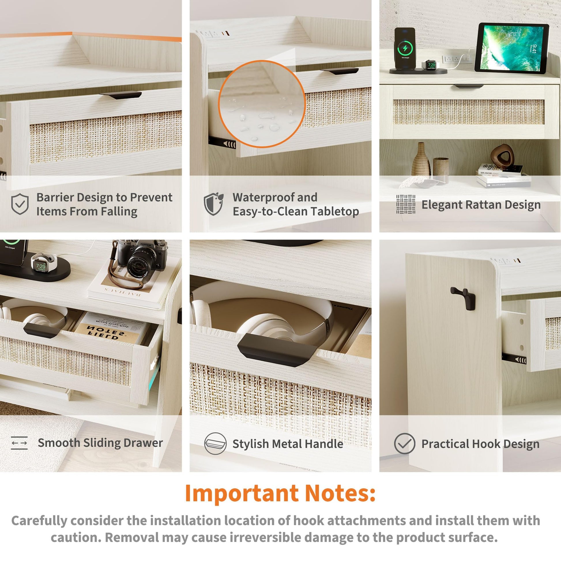 Table de chevet Garvee en rotin avec station de charge USB-C, 1 tiroir, rangement ouvert pour chambre et bureau, 60 x 39 x 56 cm, bois, robuste, polyvalente