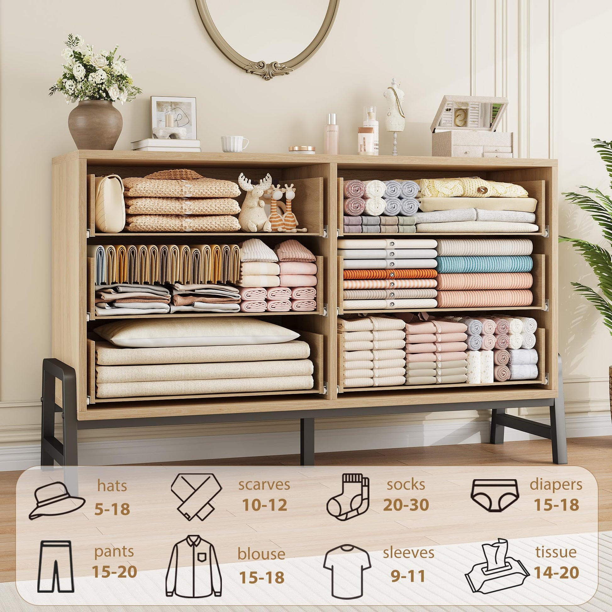 Commode Garvee, 6 tiroirs, 132 cm de large, grand espace de rangement, meuble en bois autoportant, chêne naturel, chambre, salon