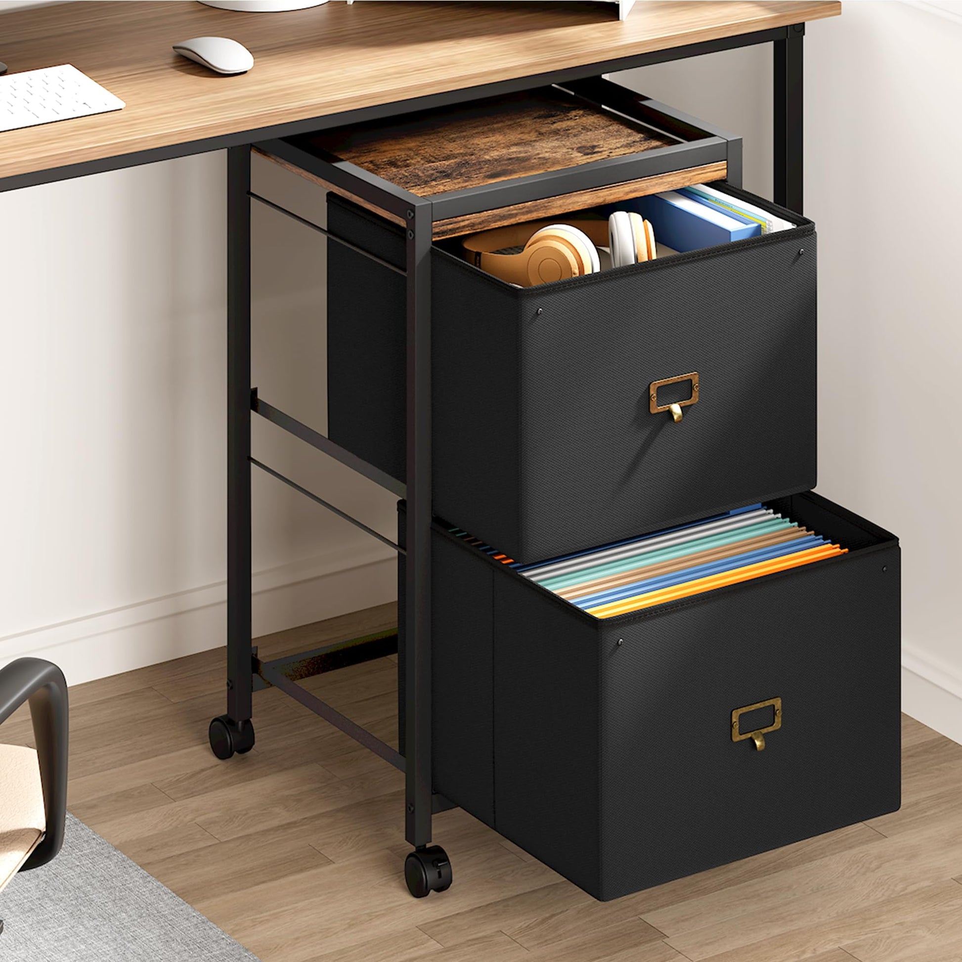 Garvee Caisson de classement mobile 2 tiroirs en tissu, cadre métal, plateau MDF, imperméable et anticorrosion, roulettes, idéal bureau maison.