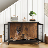 Niche pour chien Garvee de 95 cm (37,5 pouces) avec roulettes, fond grillagé, plateau amovible pour chiens de petite et moyenne taille, style ferme d'intérieur, aspect bois, structure en acier robuste.