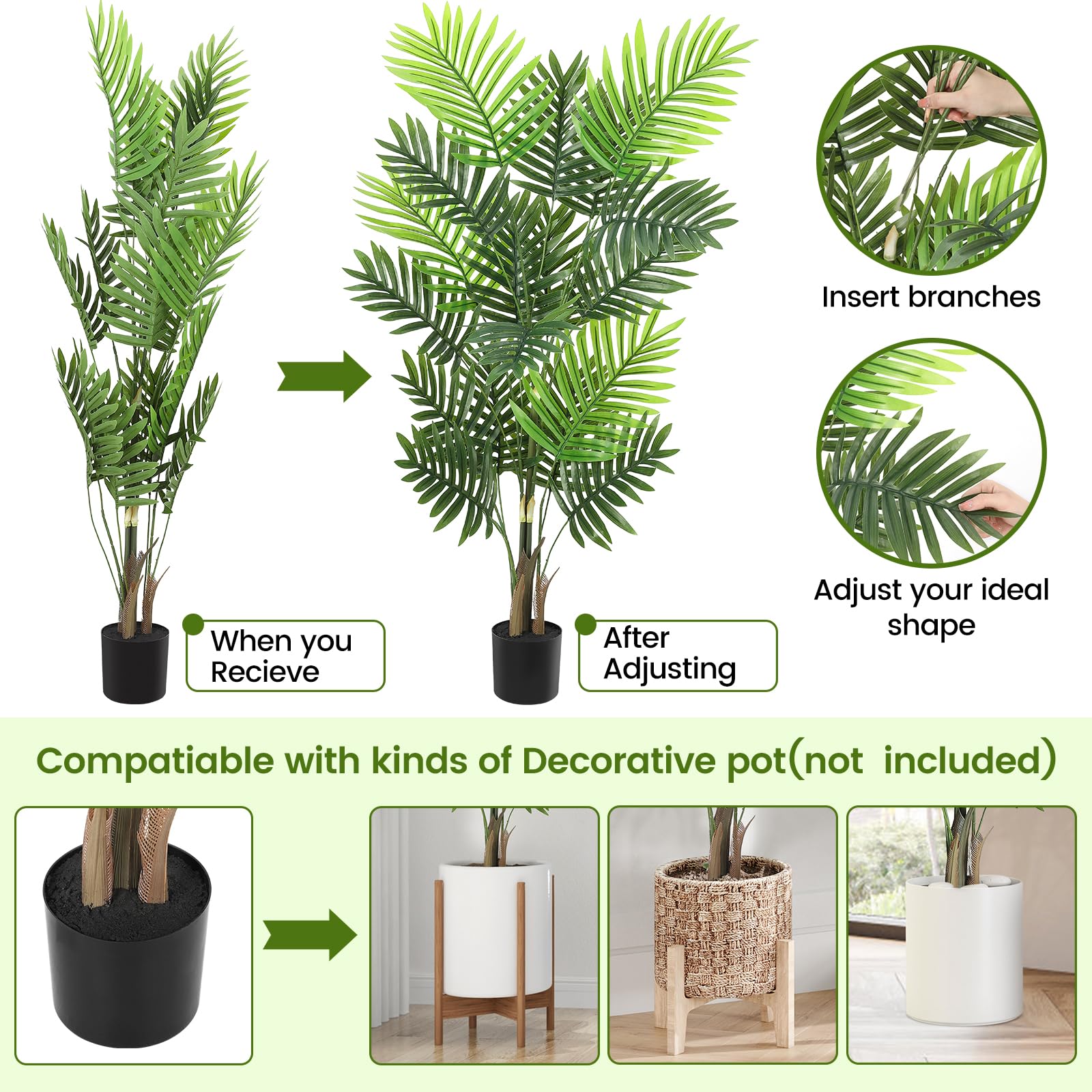 Palmier artificiel Garvee de 120 cm avec pot, tronc ajustable, polyester résistant, vert, idéal pour le bureau et le salon.