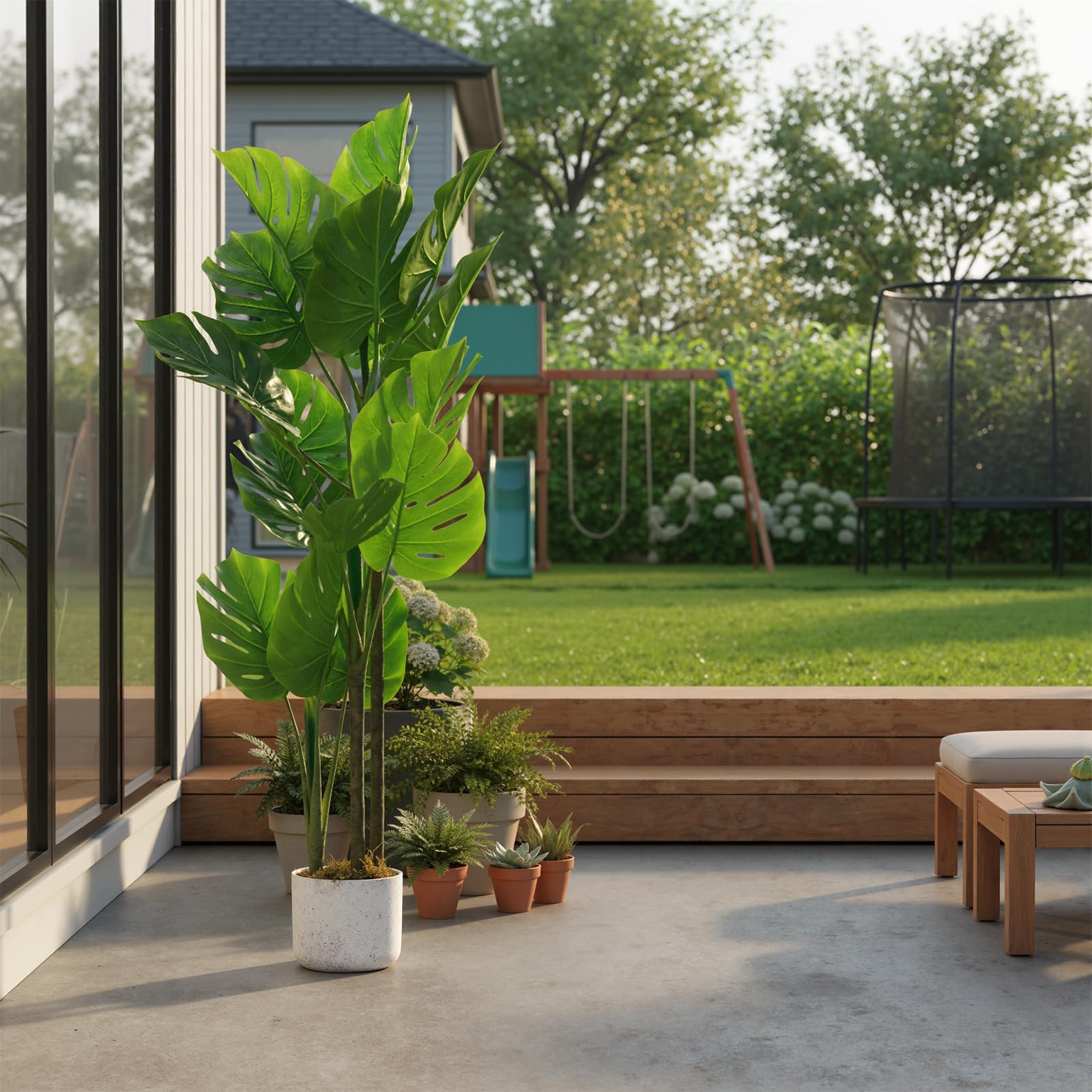 Monstera artificiel Garvee, 1,1 m, résistant aux UV, pot en ciment stable, sans entretien, décoration intérieure pour salon ou bureau, vert