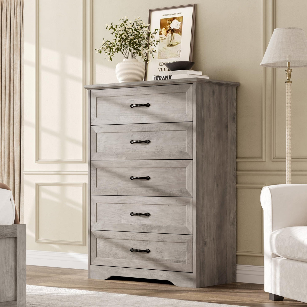 Garvee commode à 5 tiroirs pour la chambre, avec grand espace de rangement et protection anti-basculement, en MDF gris, pour le salon et la chambre d'enfant