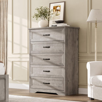 Garvee commode à 5 tiroirs pour la chambre, avec grand espace de rangement et protection anti-basculement, en MDF gris, pour le salon et la chambre d'enfant