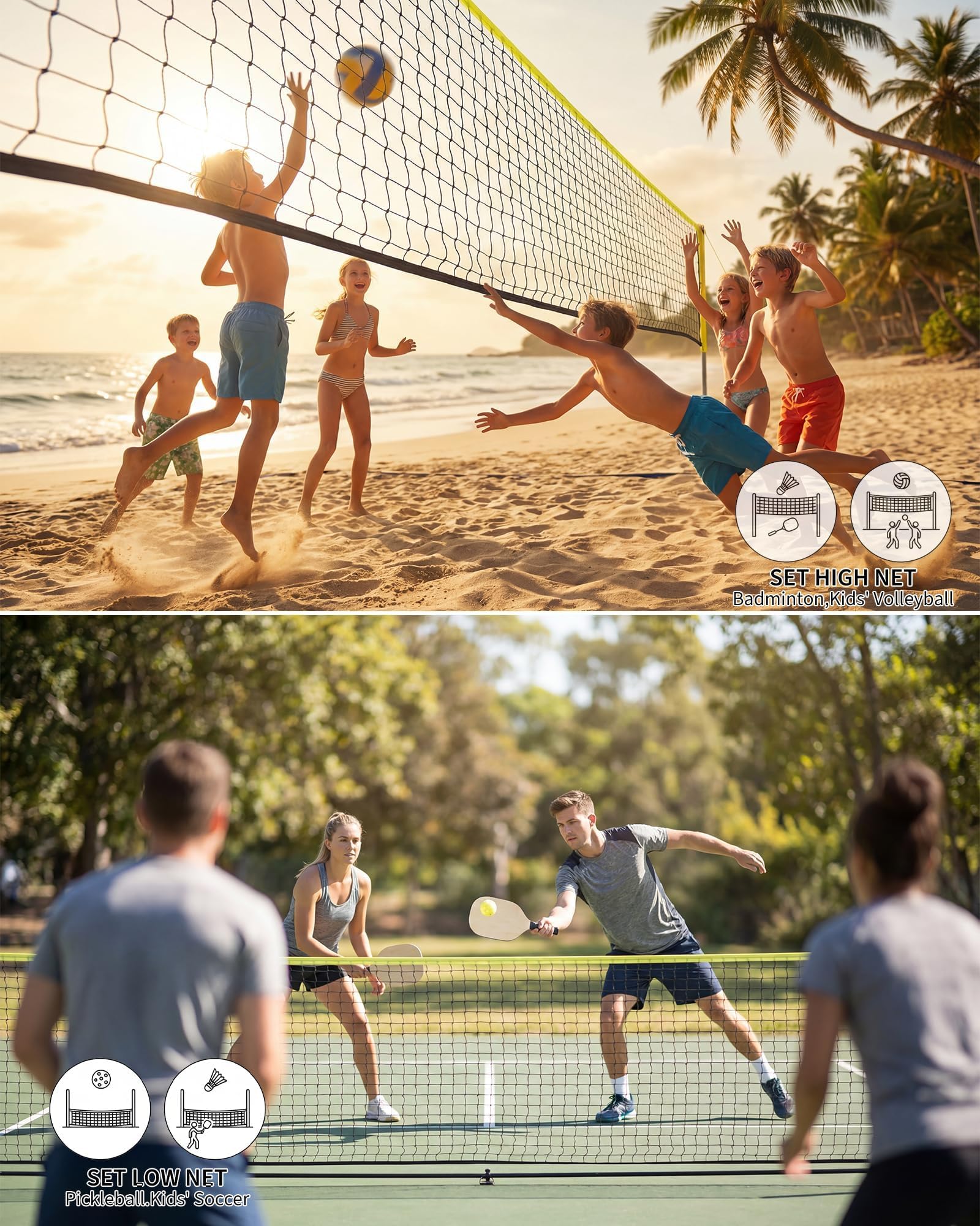 Filet de badminton Garvee 5,2 m (17 pi), pliable et réglable en hauteur, en nylon et fer, pour jeux intérieurs et extérieurs. Pied et sac de transport inclus.