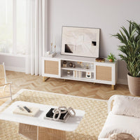 Garvee Meuble TV en rotin blanc moderne 168 cm avec rangement, portes en rotin, pieds dorés pour salon et chambre