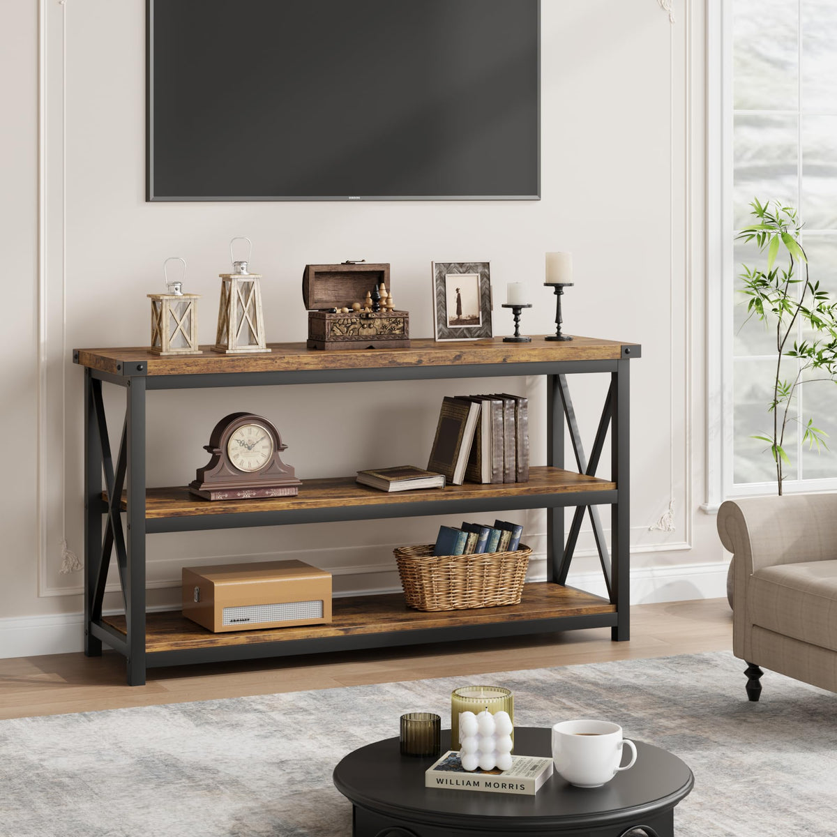 Console Garvee Langer en bois cannelé 47" style industriel rustique brun pour entrée ou salon