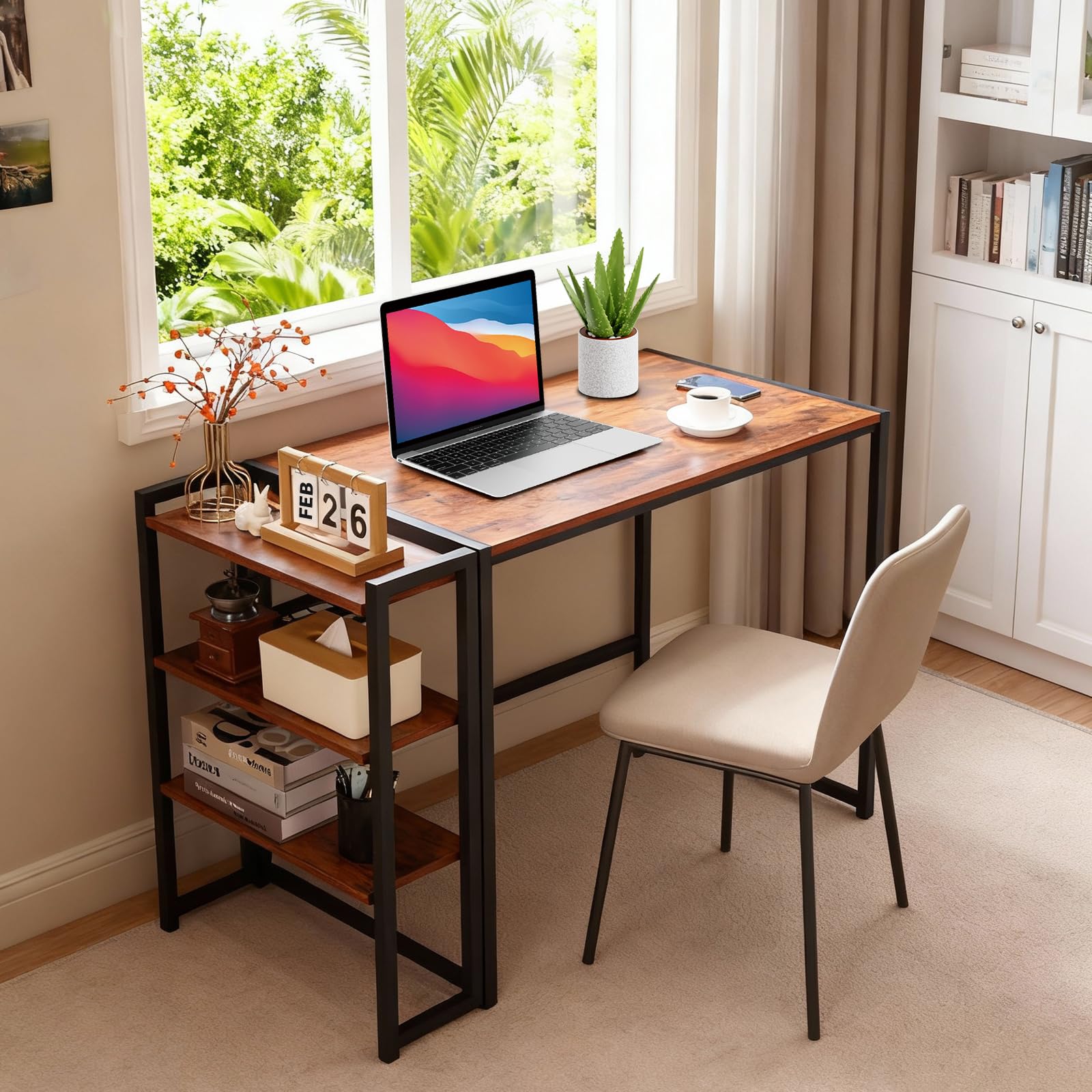 Bureau pliant Garvee 35 pouces avec rangement, structure en métal, panneaux de particules P2, marron, pour bureau et chambre, gain de place, polyvalent