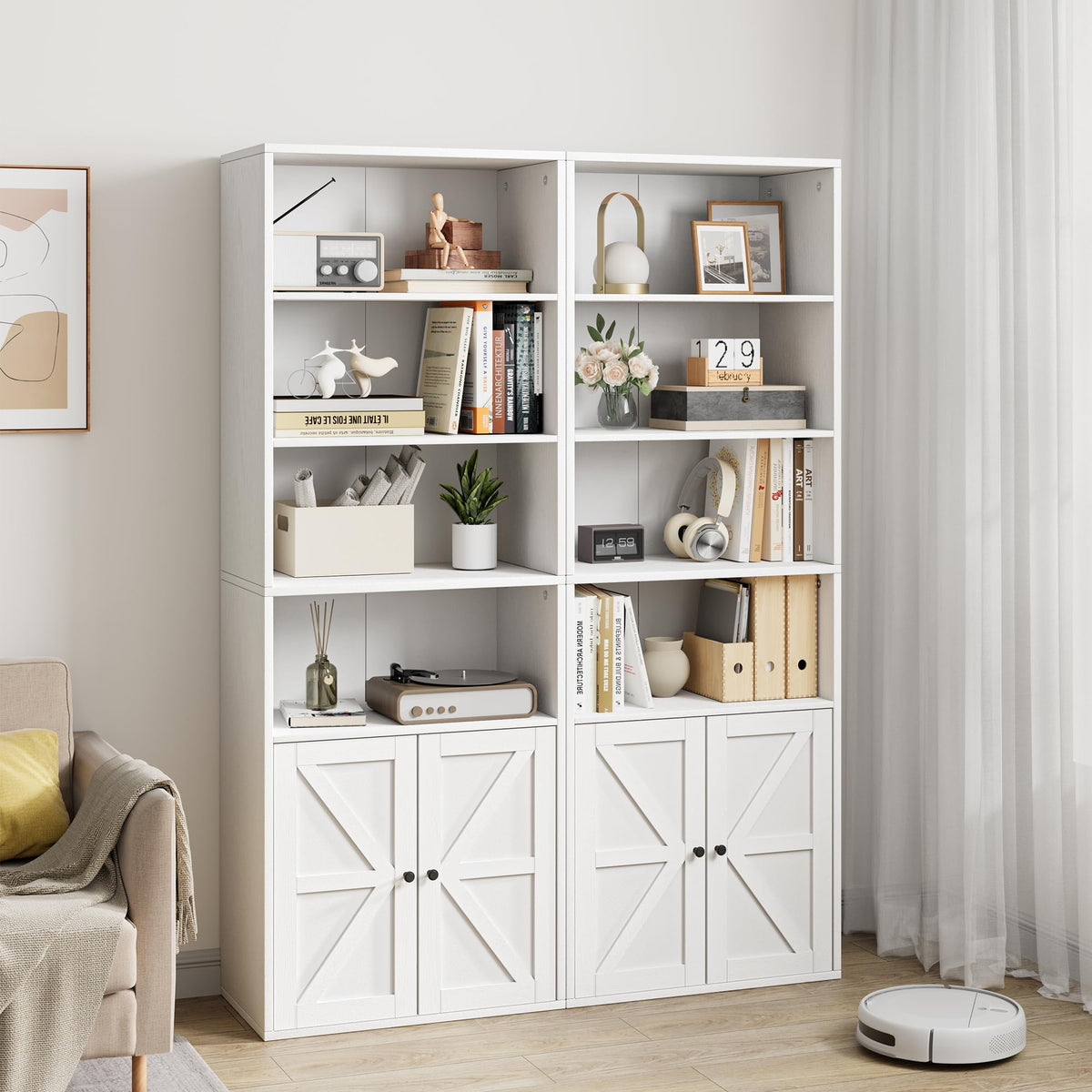 Garvee bibliothèque blanche avec portes, style industriel, 6 étagères, bois, profondeur 30 cm, hauteur 181 cm, idéale pour une maison de campagne, un salon ou un bureau