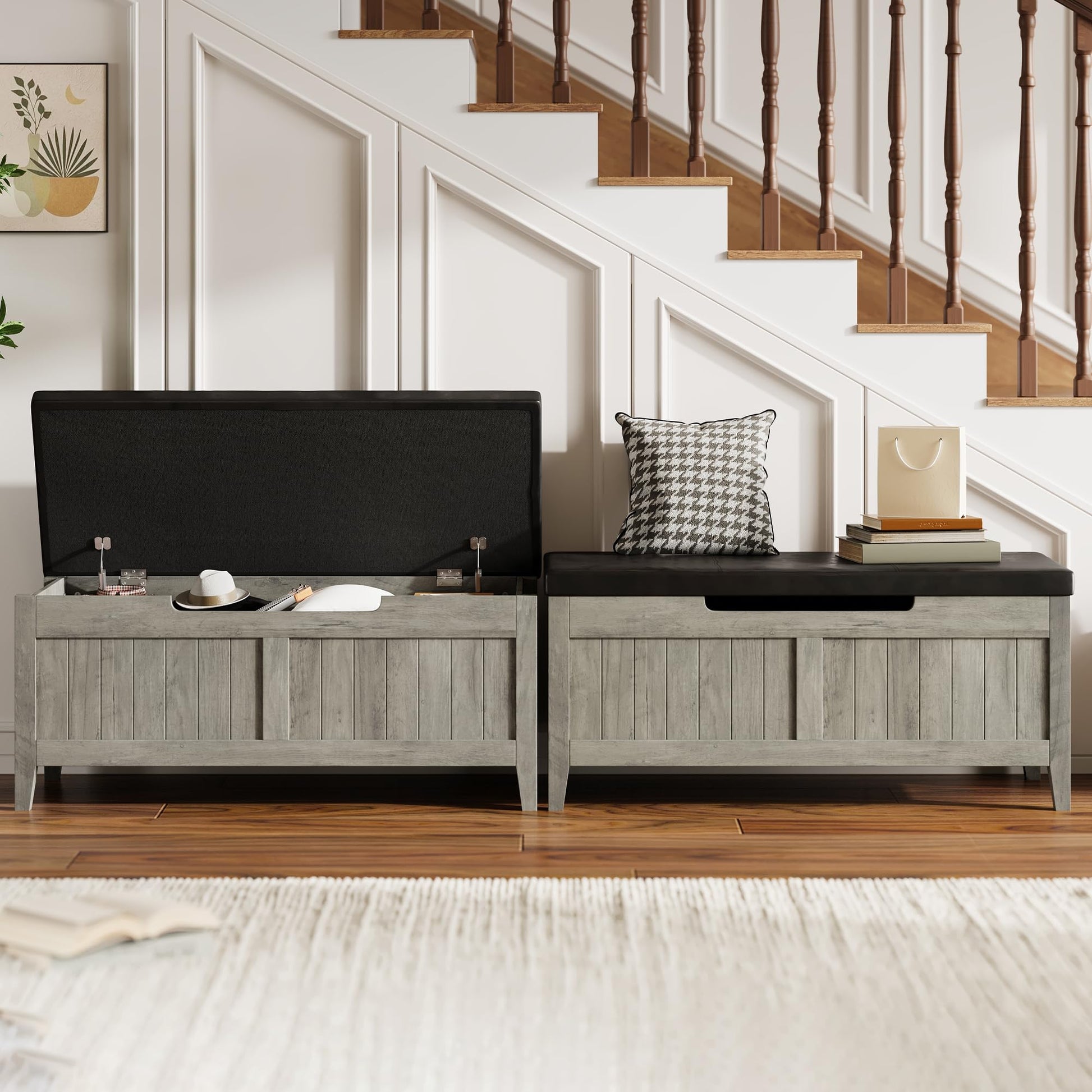 Banc de rangement en bois Garvee avec coussin d'assise, charnières de sécurité, capacité de charge de 118 kg (260 lb) pour salon et chambre, 100 cm (39,4 po) L x 40 cm (15,7 po) l x 48 cm (18,9 po) H, bois aggloméré, beige