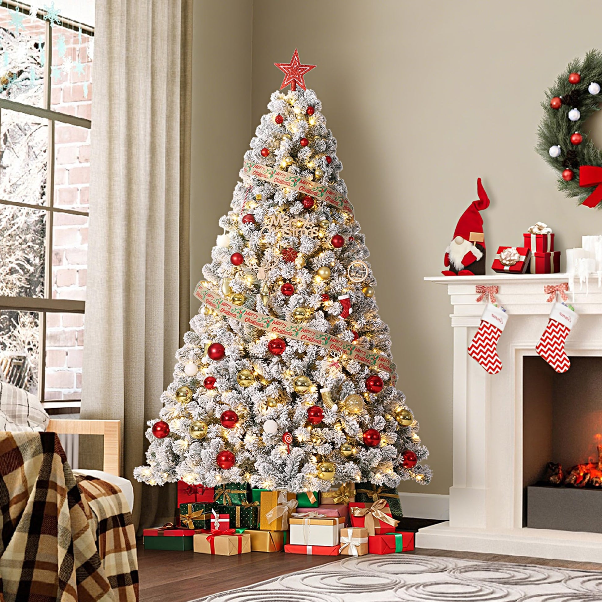 Sapin de Noël artificiel Garvee de 225 cm avec 550 LED, en PE/PVC de qualité supérieure, idéal pour les grandes pièces et les fêtes de Noël.