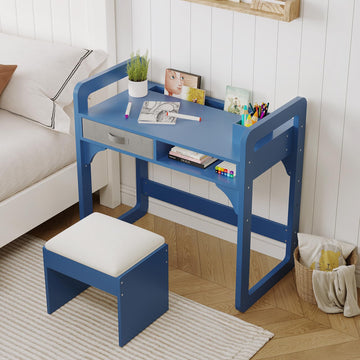 Ensemble bureau enfant Garvee avec rangement, tabouret rembourré, bois, robuste et durable, bleu, pour chambre d'enfant