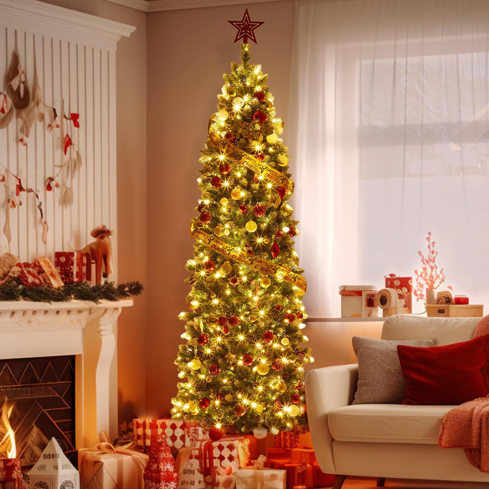 Sapin de Noël Garvee 230 cm pré-illuminé – 250 LED multicolores, sapin crayon en PVC avec pédale et sac de transport