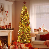 Sapin de Noël Garvee 230 cm pré-illuminé – 250 LED multicolores, sapin crayon en PVC avec pédale et sac de transport