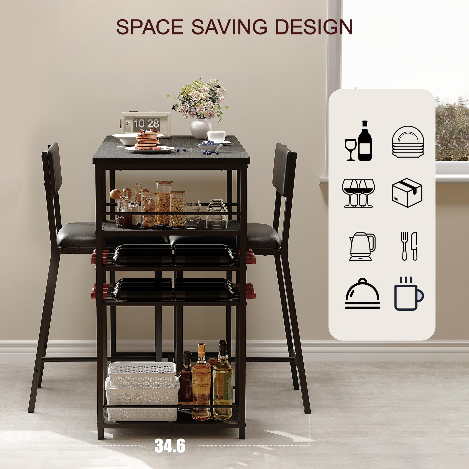 Table de salle à manger Garvee pour 2 personnes avec 4 étagères et casier à vin, banquette rembourrée, structure en acier, bois rustique, gain de place, idéale pour les petites cuisines et les studios.