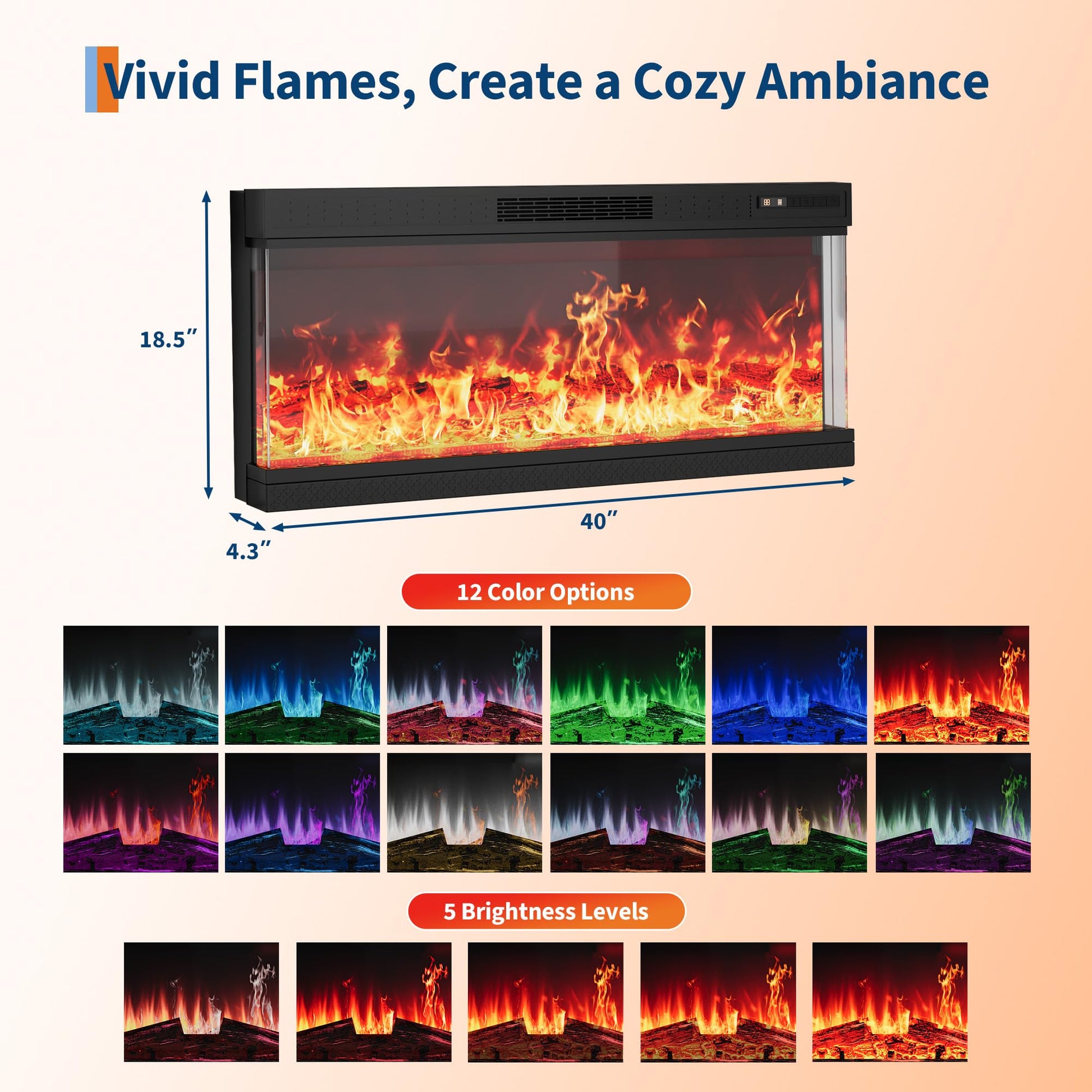 Meuble TV cheminée Garvee 75" avec façade en verre sur 3 côtés, éclairage LED flamme réglable, blanc, pour salon, panneaux de particules et MDF, façade en verre et rangement
