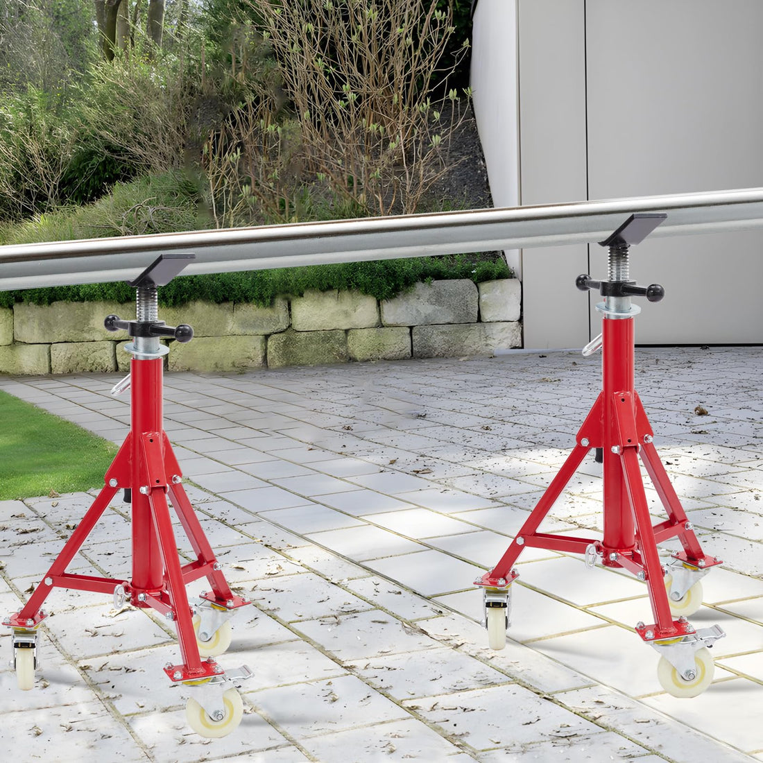 Garvee Support de tuyauterie avec tête en V, hauteur réglable de 71 à 132 cm, pliable, en acier, charge 500 kg, avec roulettes, stable