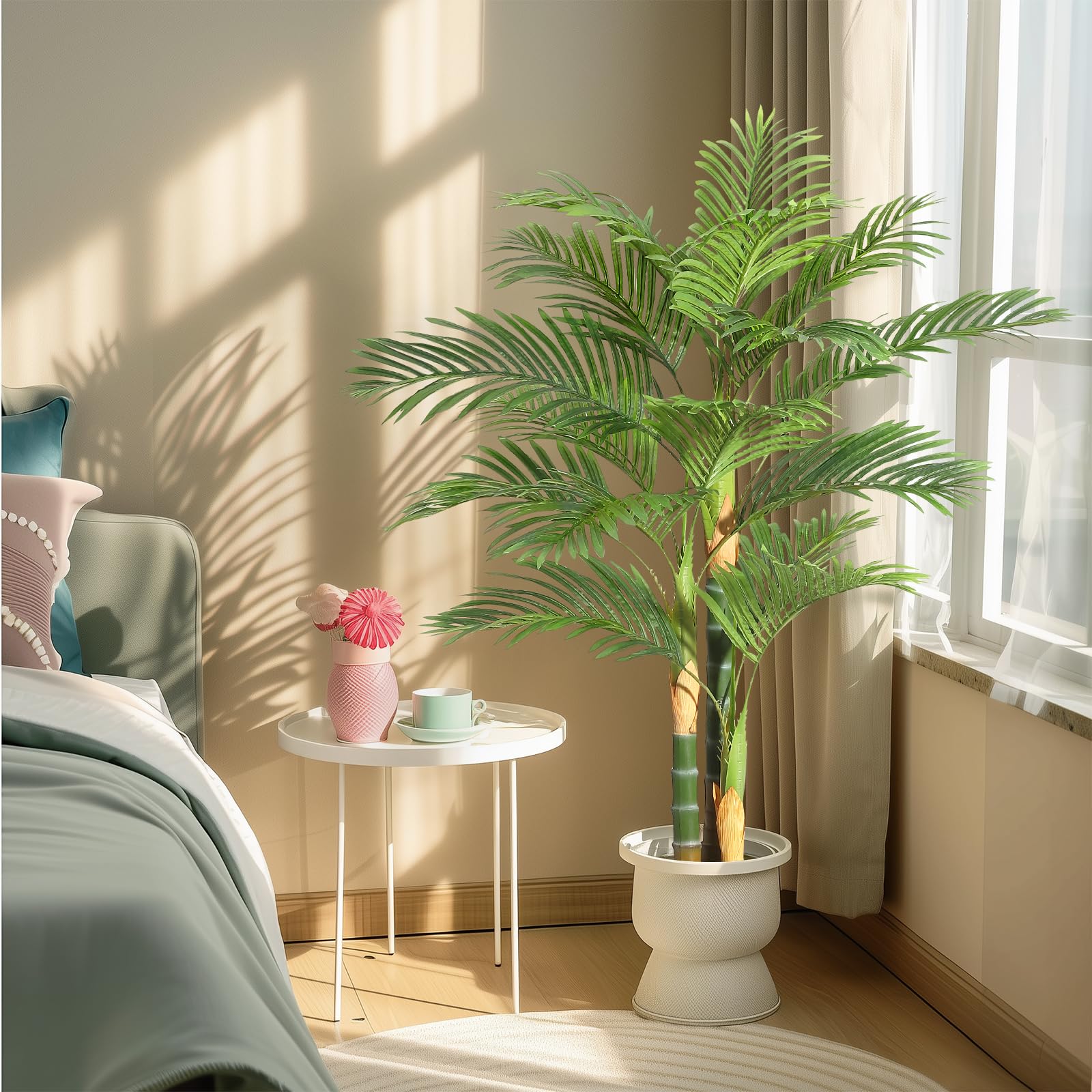 Palmier artificiel doré Garvee 1,5 m, résistant aux UV, en polyéthylène, feuilles ajustables, base stable, pour l'intérieur et l'extérieur, vert et or