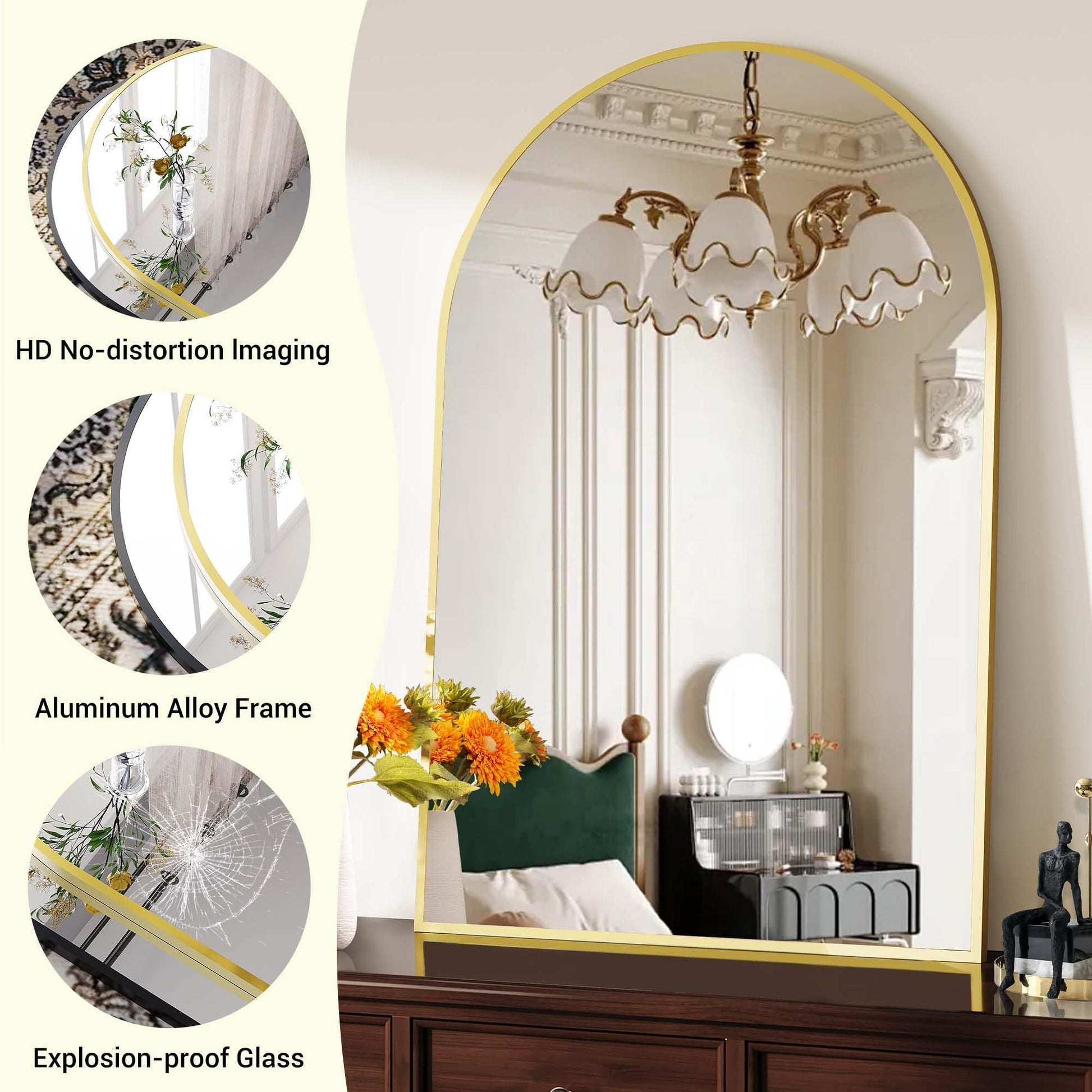 Miroir mural arqué Garvee 66 x 97 cm, cadre en métal doré, verre trempé, polyvalent, à suspendre dans la salle de bain, la chambre ou le salon.