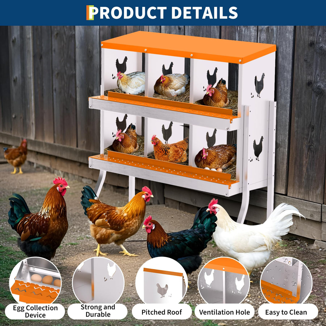 Garvee Nichoir à 6 compartiments, en acier galvanisé avec plateau de récupération des œufs, 81 × 43 × 67,6 cm, pour poules, canards, oies et lapins, jardin et ferme (avec support)