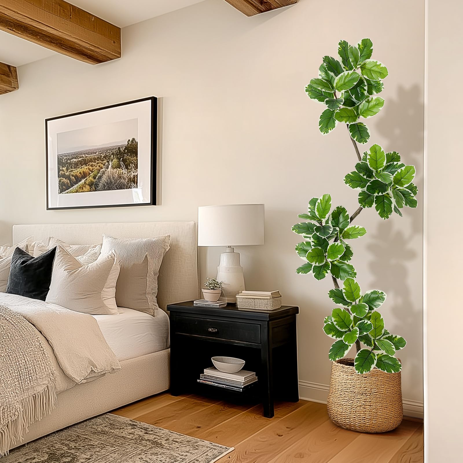 Ficus lyrata artificiel Garvee de 2,13 m (7 pi) avec pot en béton et mousse, idéal pour le salon et le bureau. Facile d'entretien, flexible, feuilles réalistes, vert.