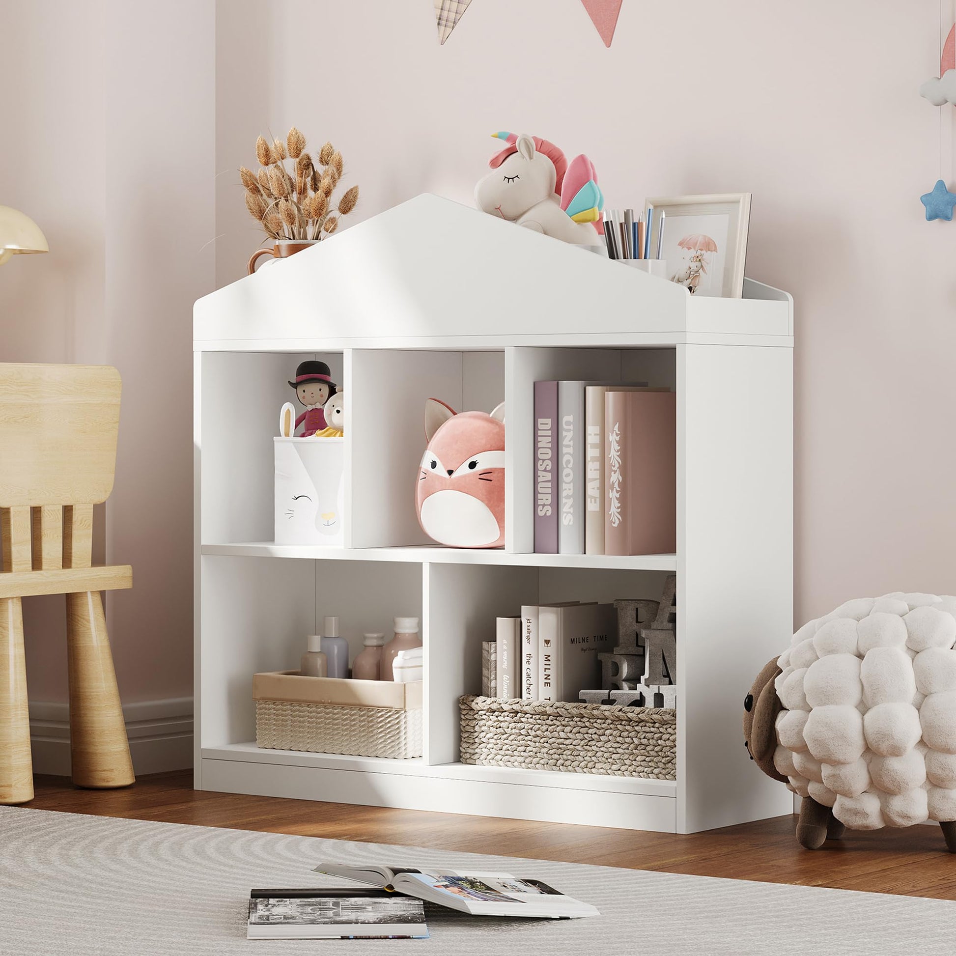 Étagère à jouets Garvee à 5 niveaux avec toit décoratif – Étagère de rangement en bois blanc pour chambres d'enfants, 90 x 90 x 30 cm